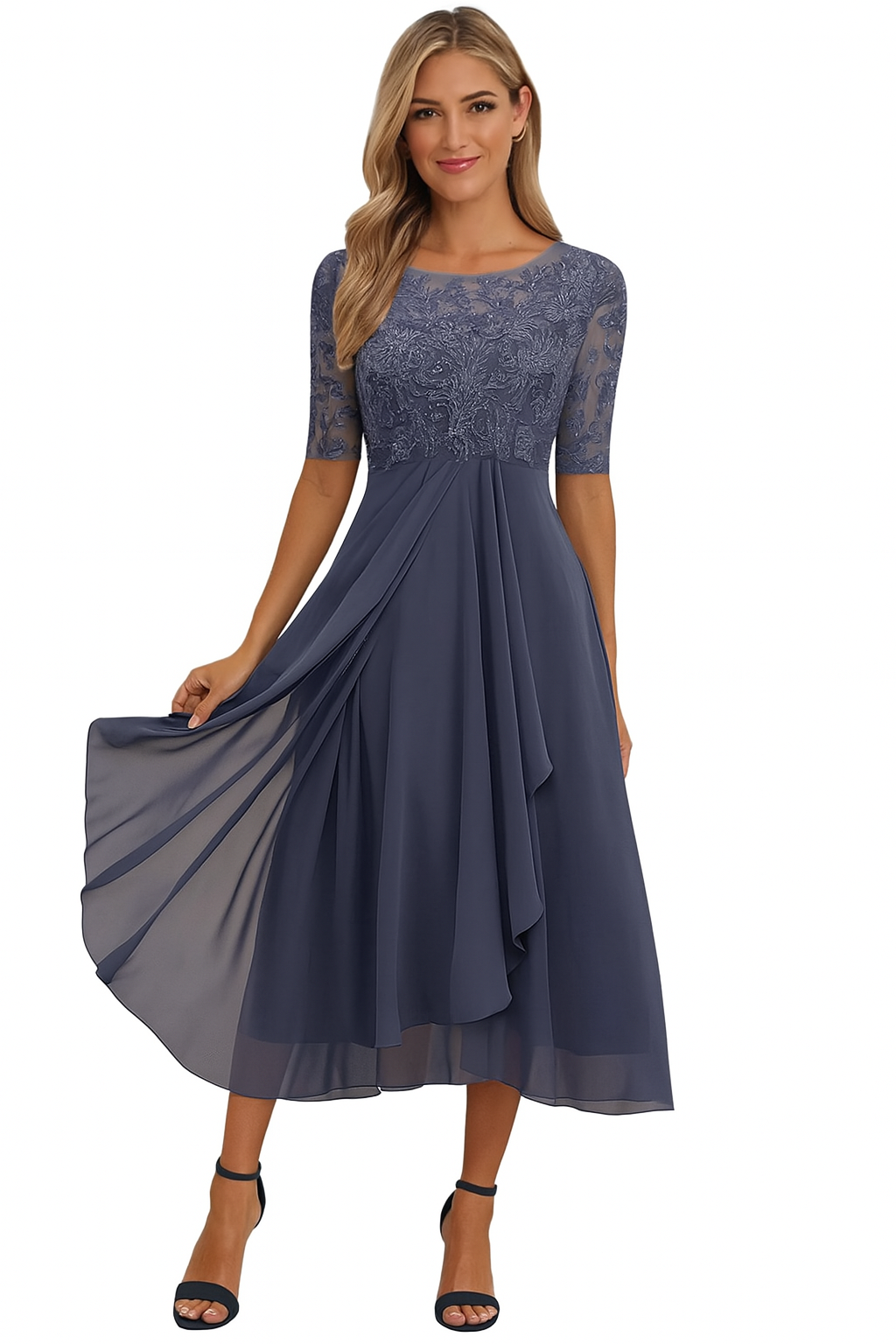Robe Femme Chic Dentelle Chiffon Mi-Longue