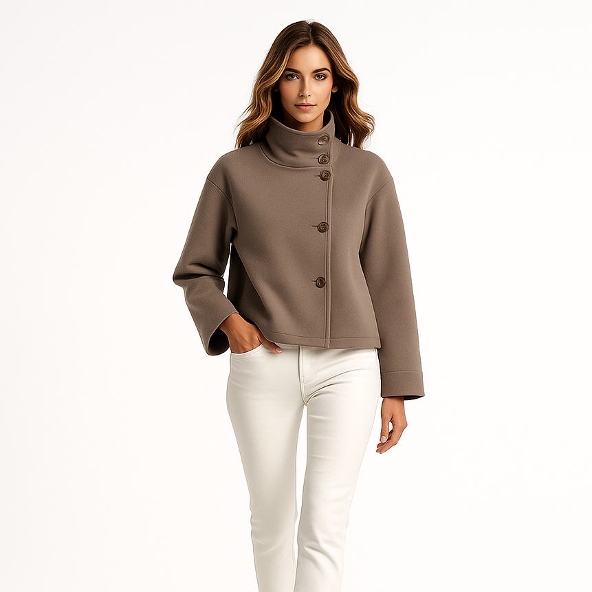 Veste féminine courte en laine épaisse avec col montant et fermeture bouton - LuxeStyle