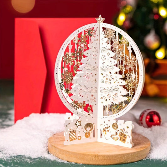 Carte de Noël Luxueuse avec Sapin de Neige et Feuilles d'Or - LuxeStyle
