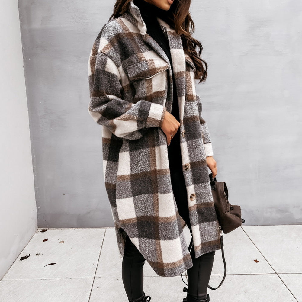 Manteau femme Hiver Carreaux Chic Brun Blanc