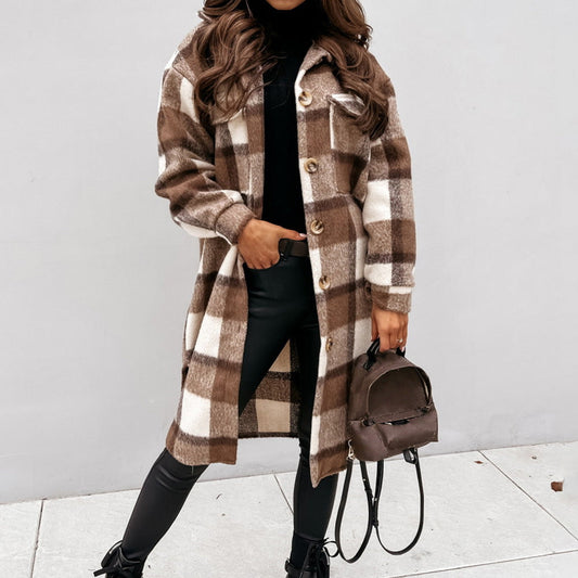 Manteau femme Hiver Carreaux Chic Brun Blanc - LuxeStyle