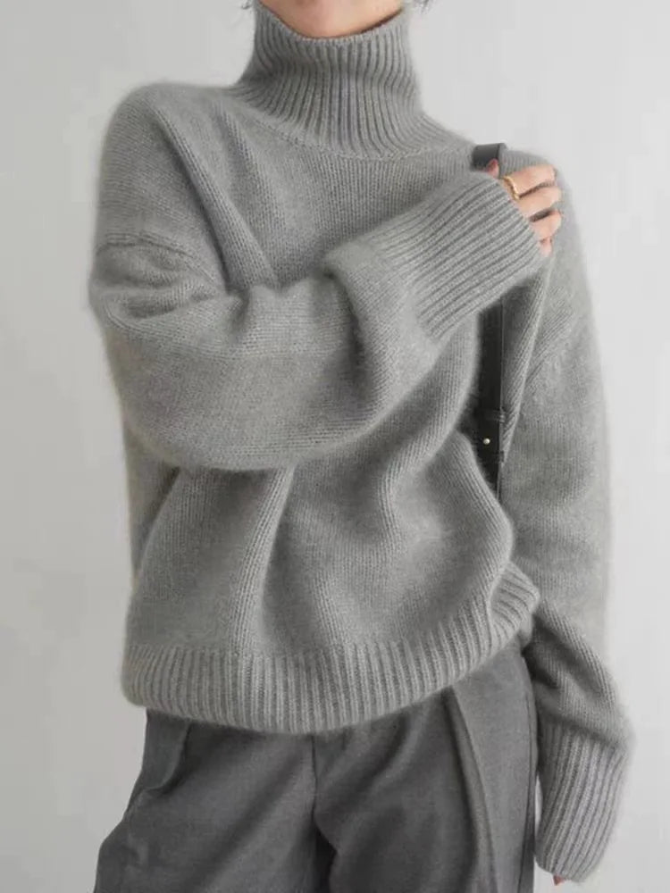 Pull Femme Laine Douce Col Enroulé Beige
