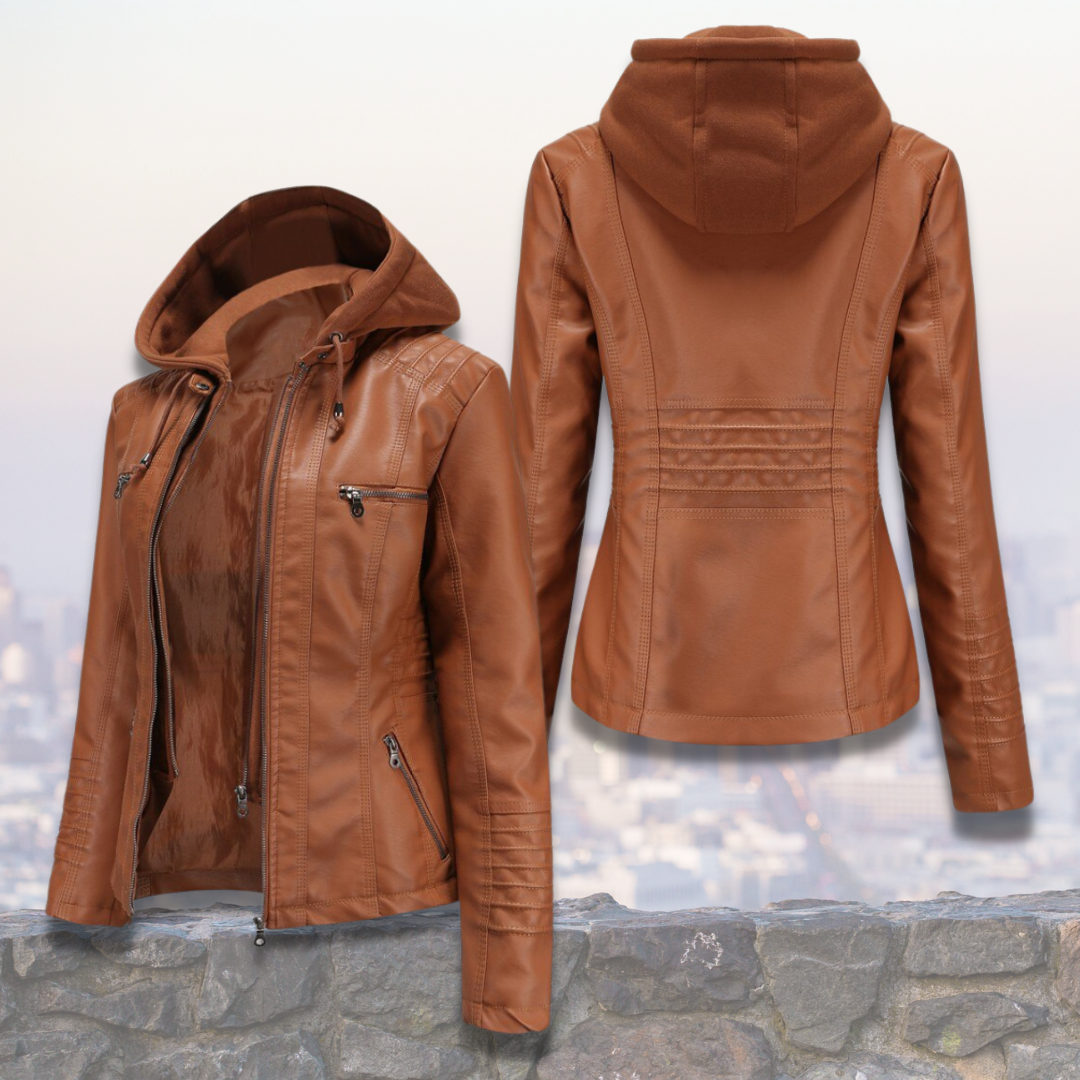 Veste Cuir Féminine Chic avec Capuche et Poches - LuxeStyle