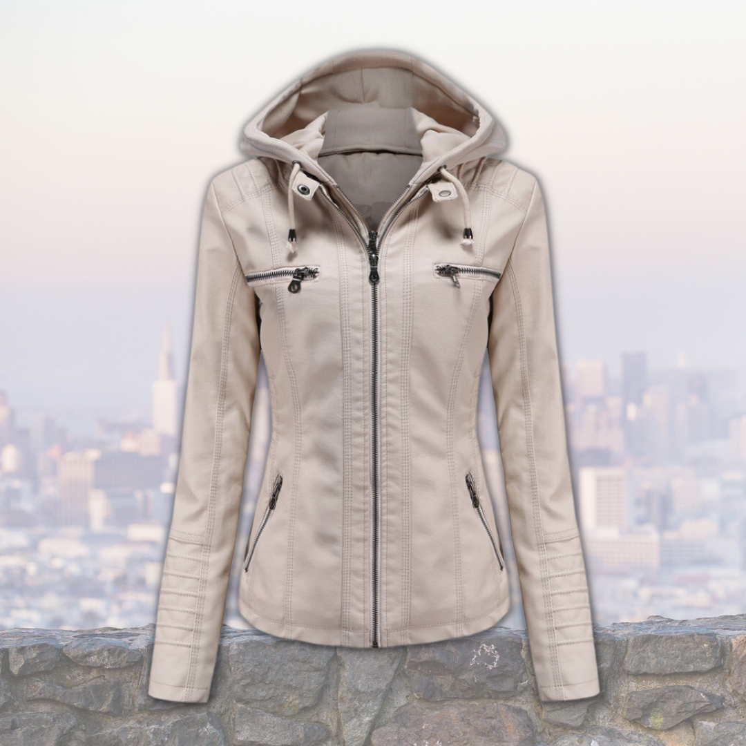 Veste Cuir Féminine Chic avec Capuche et Poches