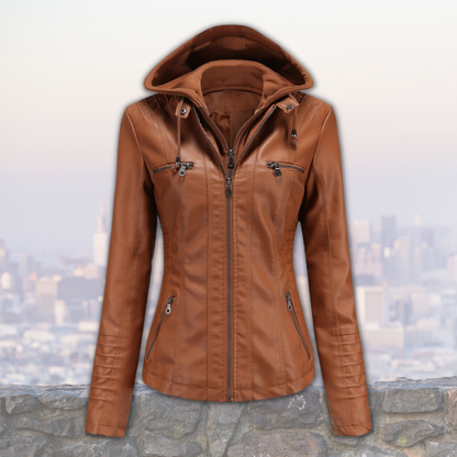 Veste Cuir Féminine Chic avec Capuche et Poches
