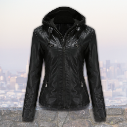 Veste Cuir Féminine Chic avec Capuche et Poches