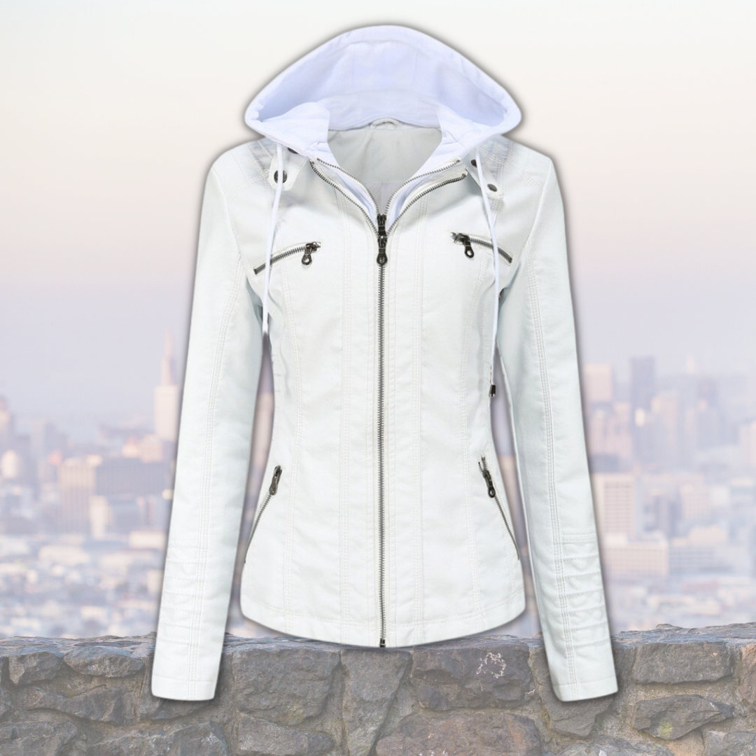 Veste Cuir Féminine Chic avec Capuche et Poches