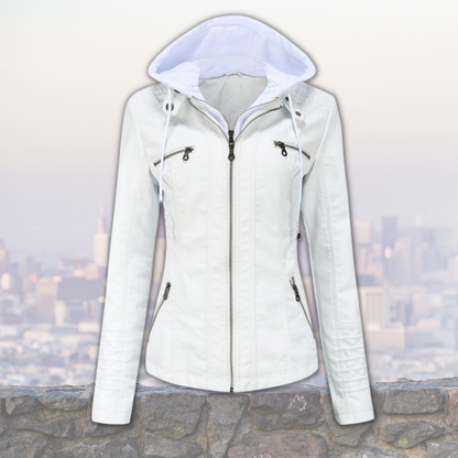 Veste Cuir Féminine Chic avec Capuche et Poches