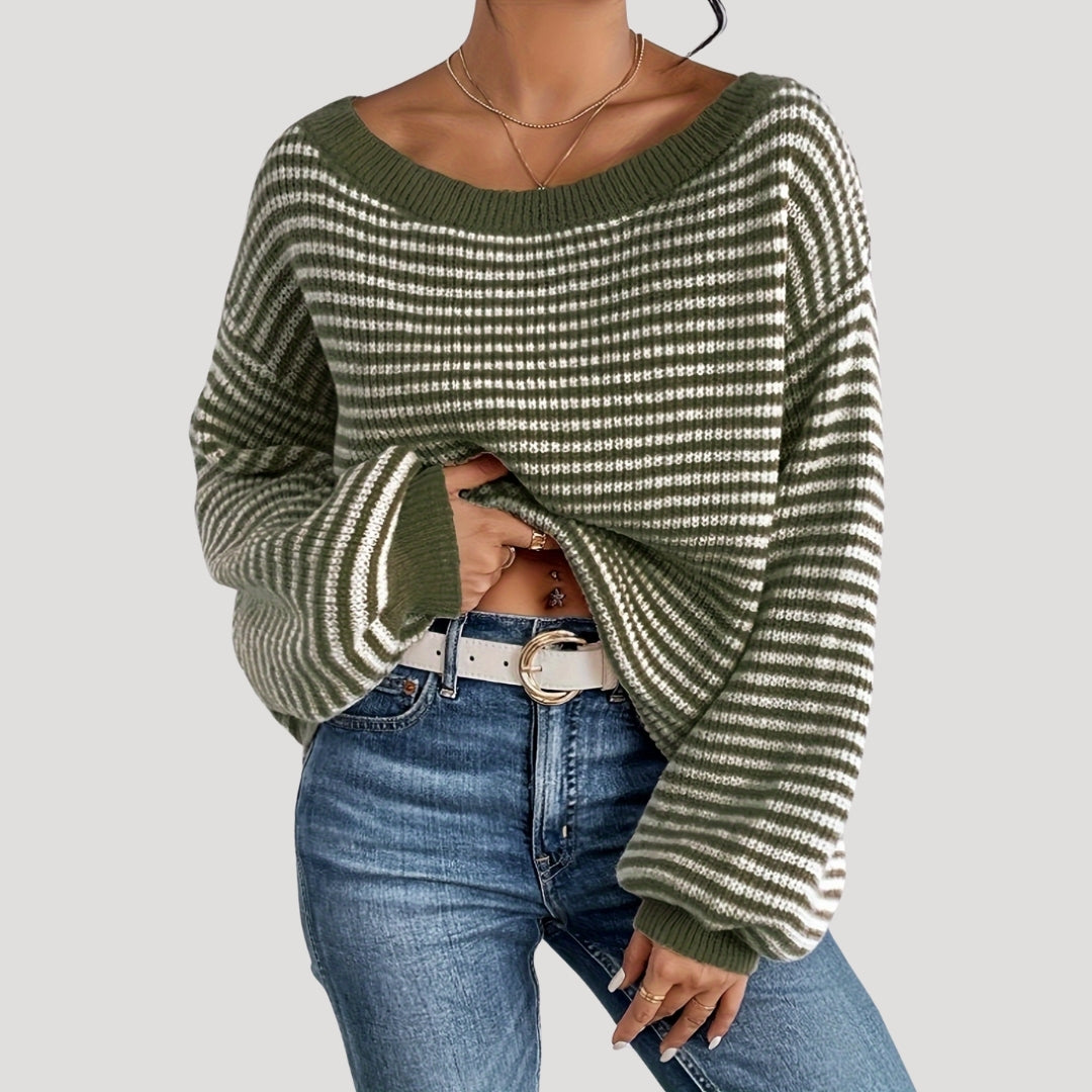 Pull Femme Rayé Doux, Col Bateau et Coupe Relaxe