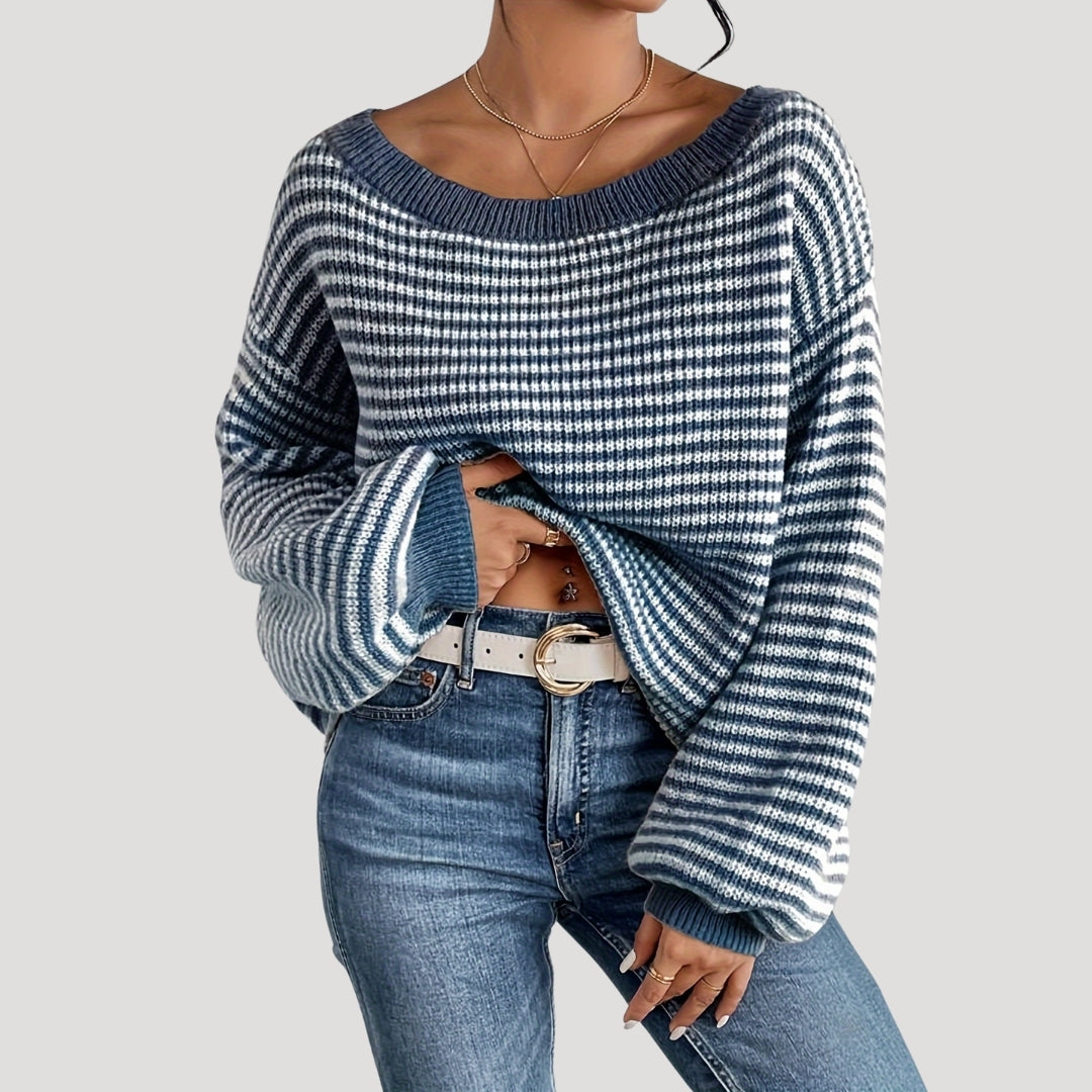 Pull Femme Rayé Doux, Col Bateau et Coupe Relaxe
