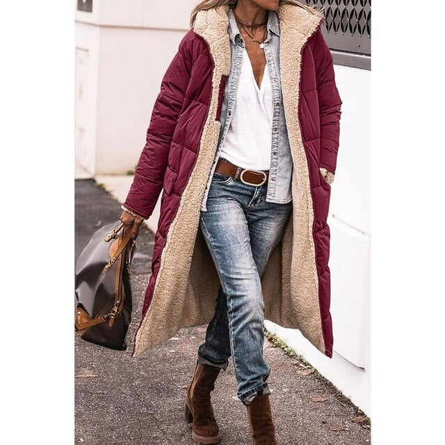 Manteau Femme Hiver Élégant – Parka Réversible Douillet avec Capuche et Manches Longues