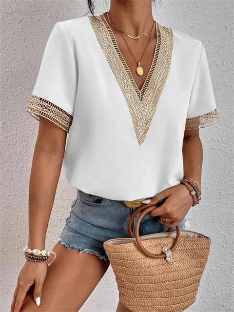 Blouse Féminine Châtain à Manches Courtes avec Broderies Délicates