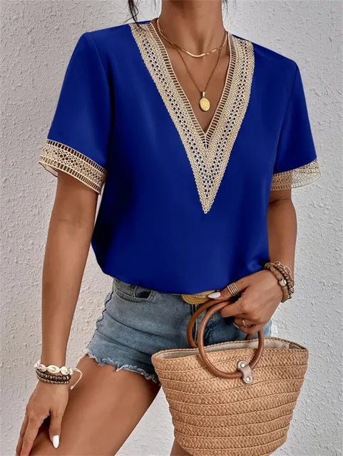 Blouse Féminine Châtain à Manches Courtes avec Broderies Délicates