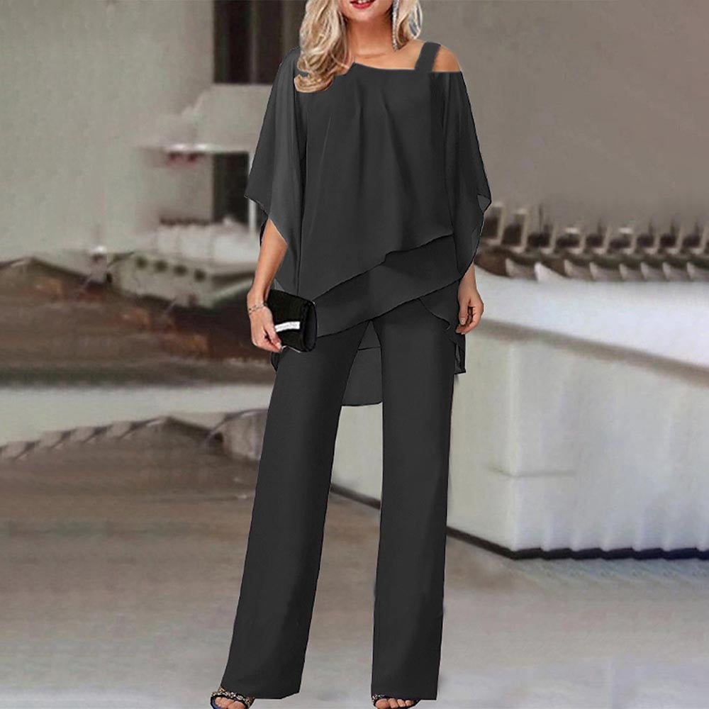 Robe Femme Chic Noir, Col Asymétrique et Pantalon Tailleur - LuxeStyle