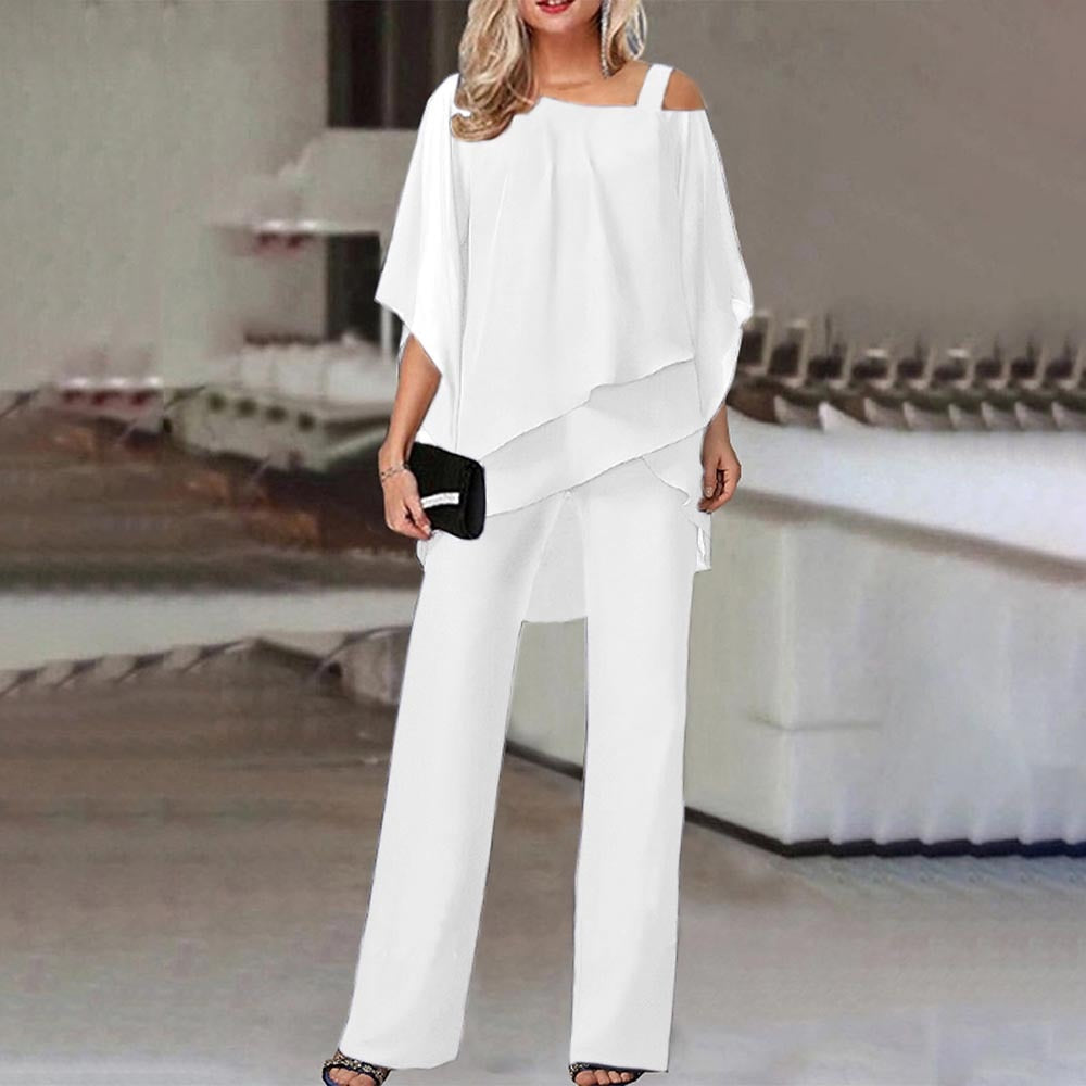 Robe Femme Chic Noir, Col Asymétrique et Pantalon Tailleur
