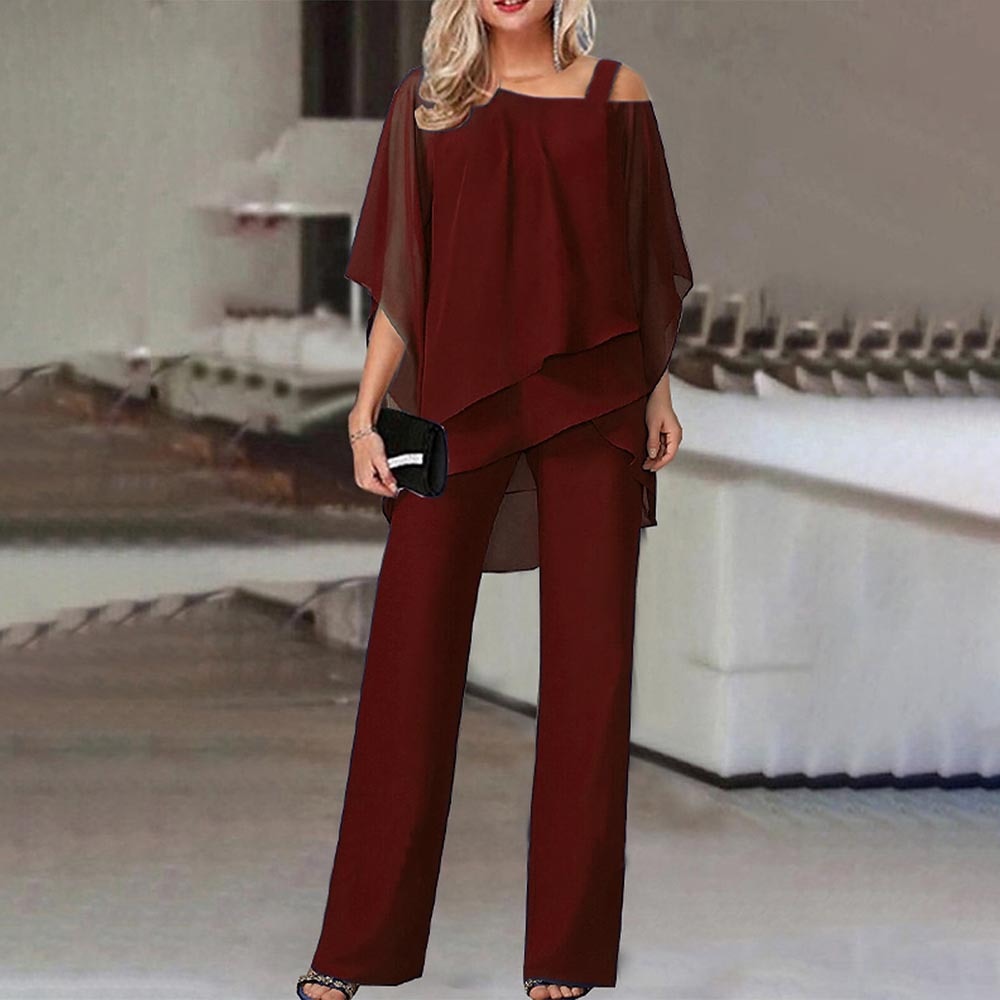 Robe Femme Chic Noir, Col Asymétrique et Pantalon Tailleur