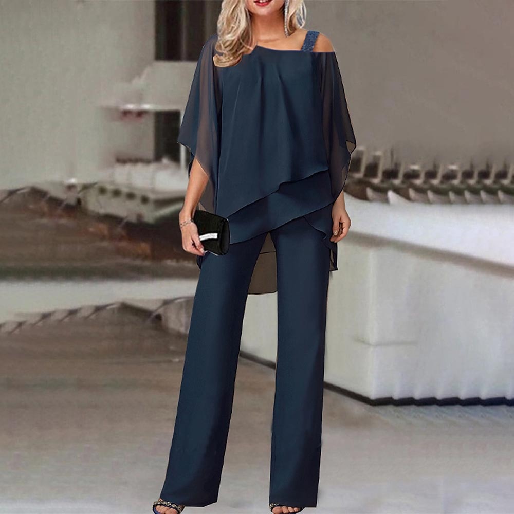 Robe Femme Chic Noir, Col Asymétrique et Pantalon Tailleur
