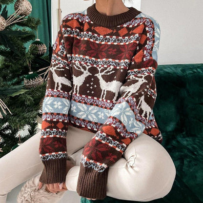 Pull Femme Hiver Festif – Tricot Douillet avec Rennes et Neige
