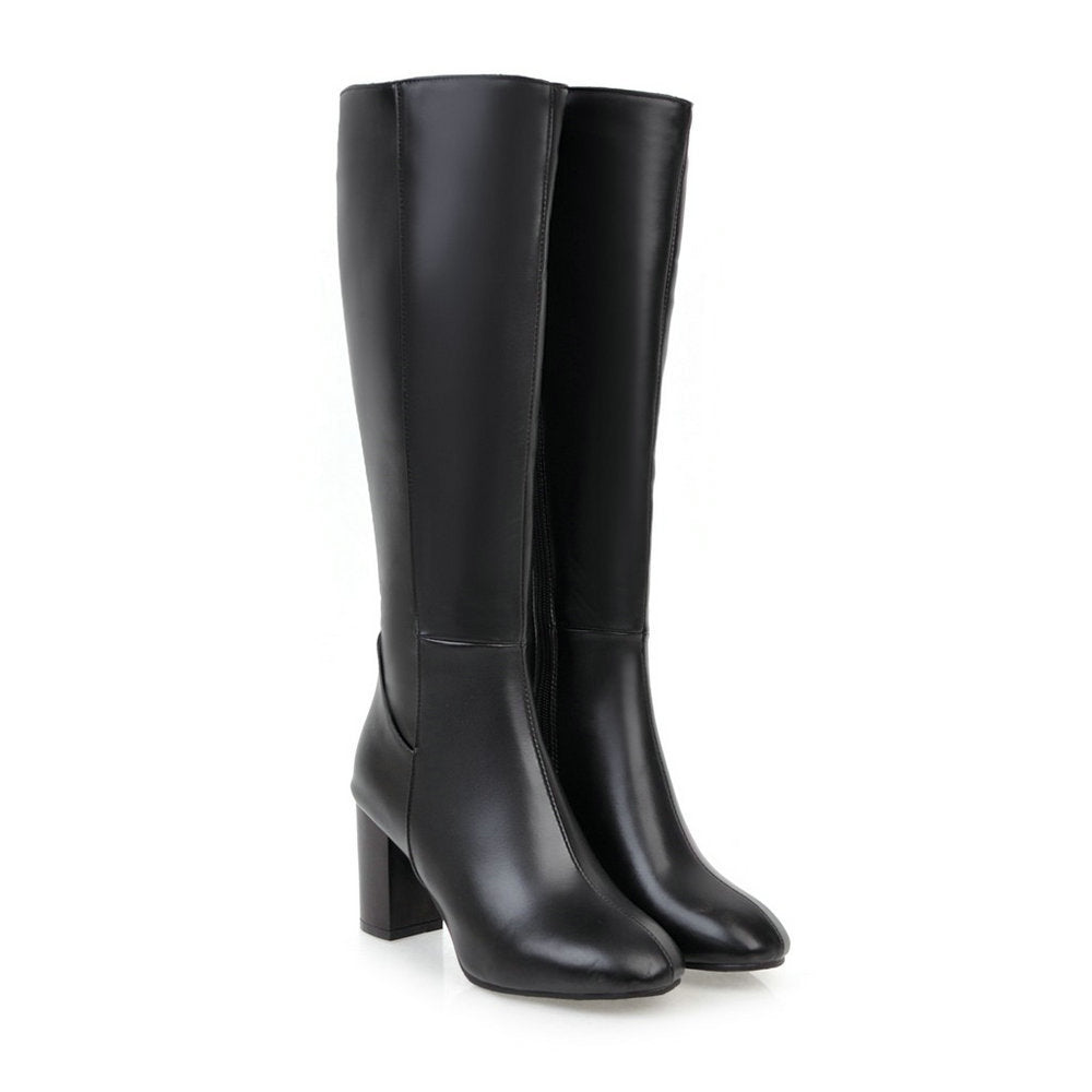 Bottes Féminines Cuir Noir à Talon Épais