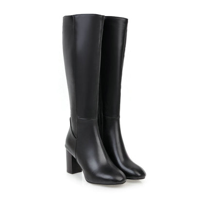 Bottes Féminines Cuir Noir à Talon Épais