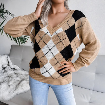 Pull en maille élégant à manches longues imprimé écossais femme
