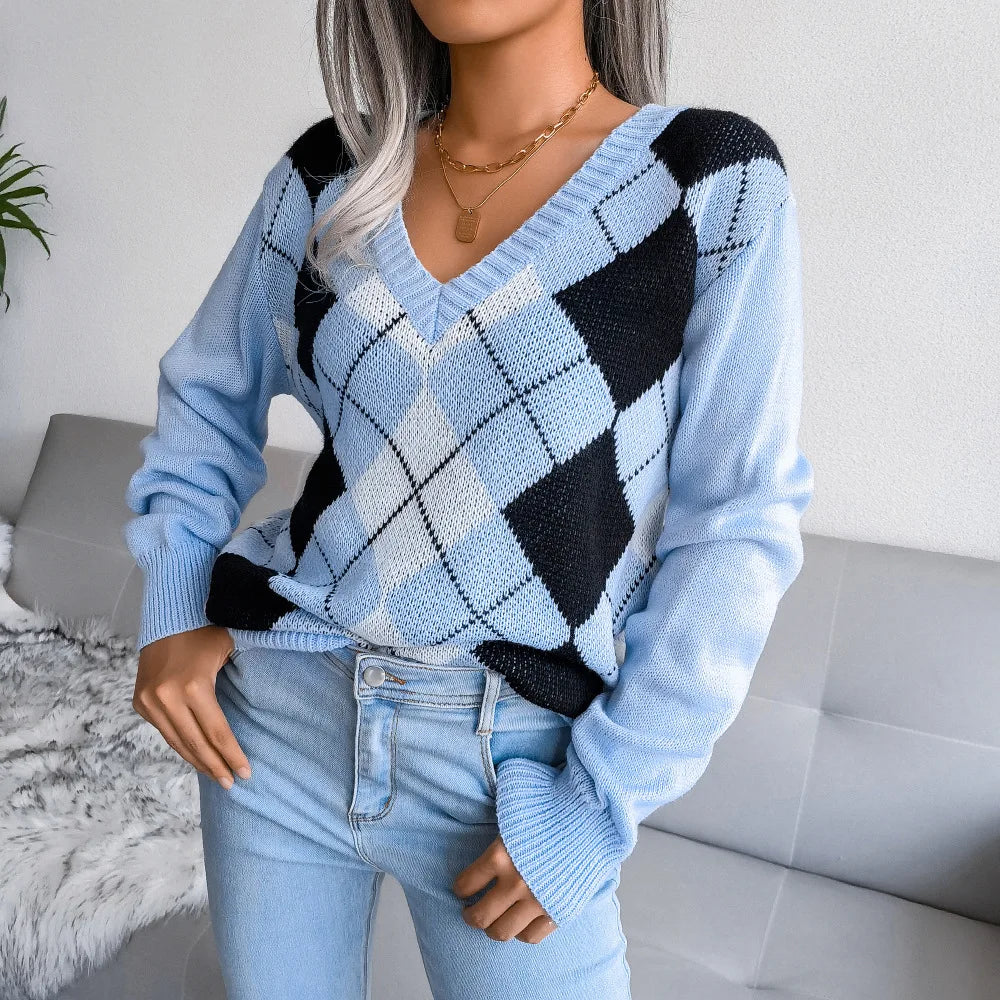Pull en maille élégant à manches longues imprimé écossais femme