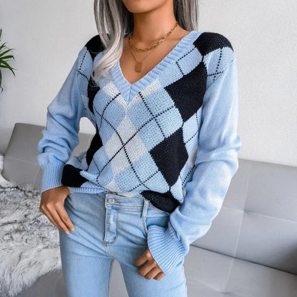 Pull en maille élégant à manches longues imprimé écossais femme