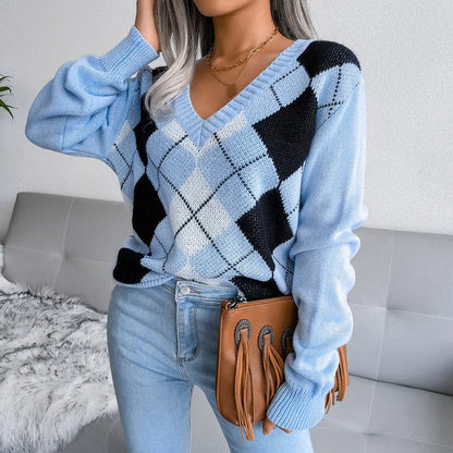 Pull en maille élégant à manches longues imprimé écossais femme - BlxckFR
