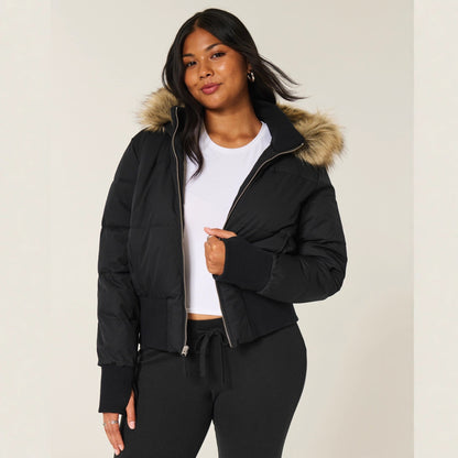 Manteau Femme Élégant Hiver - Veste Chaud avec Capuche et Col en Fourrure