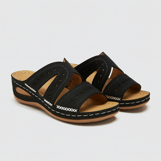 Sandales Femmes Noires Élégantes à Talon Plat et Perforations - LuxeStyle