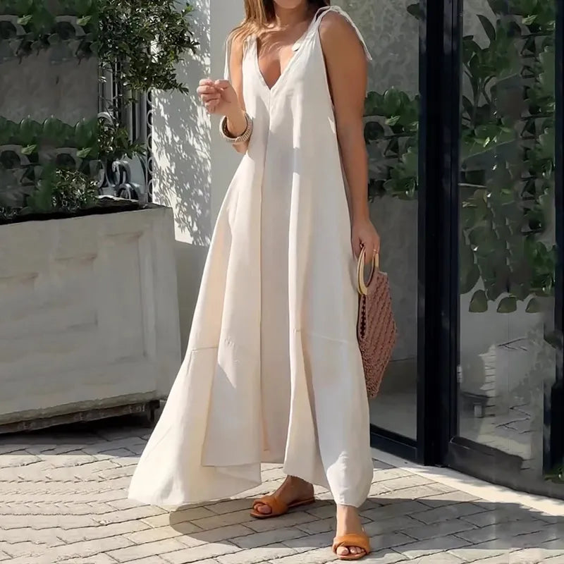 Robe Été Longue Femme Blanche Décolletée - LuxeStyle
