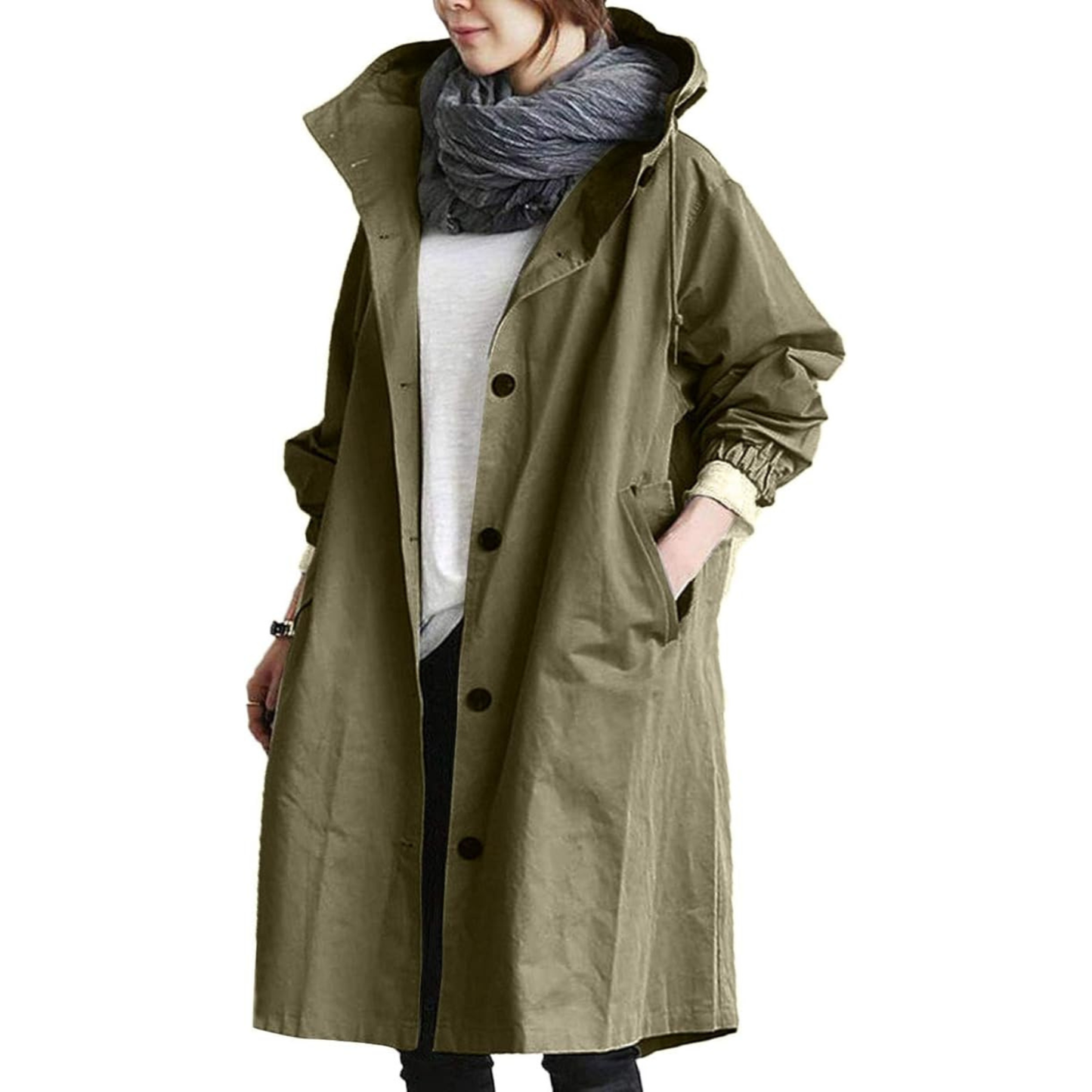 Manteau Femme Noir Élégant à Capuche Longue Imperméable