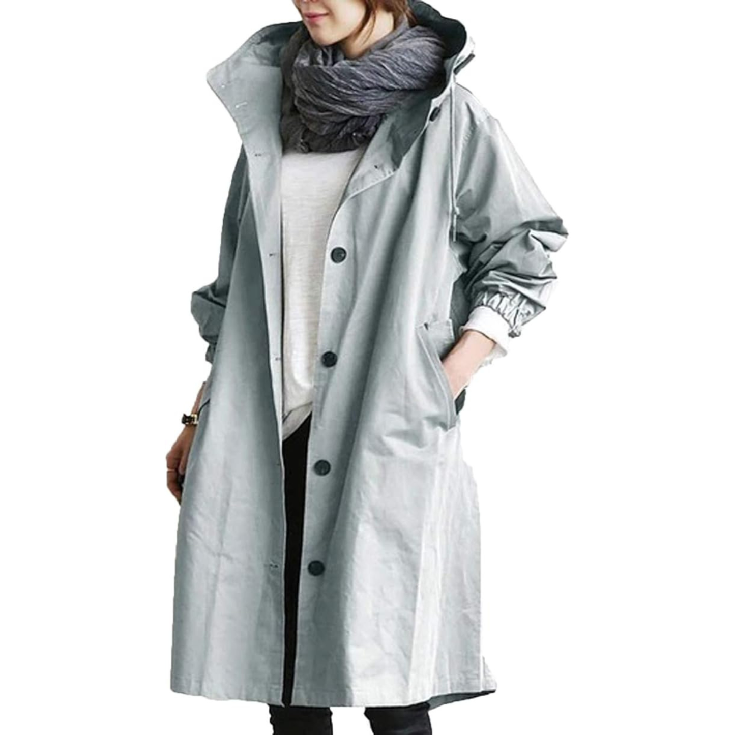 Manteau Femme Noir Élégant à Capuche Longue Imperméable