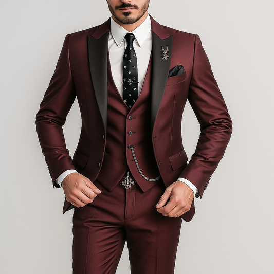 Costume Homme Élégant Rouge Bourgogne avec Cravate Noire - LuxeStyle