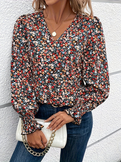 Florelia™ – Chemisier Femme Chic à Fleurs avec Col V et Manches Longues