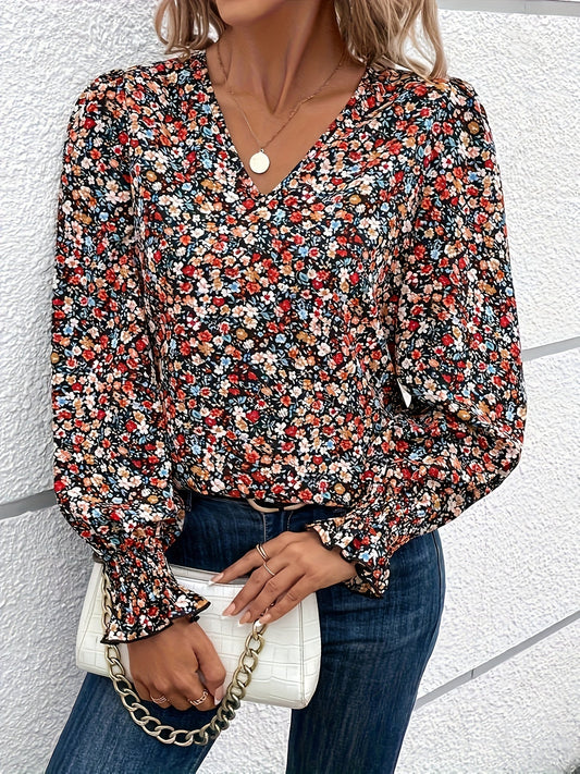 Florelia™ – Chemisier Femme Chic à Fleurs avec Col V et Manches Longues