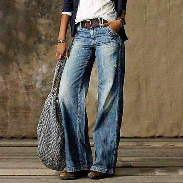Pantalon femme large confort bleu avec poches décoratives - LuxeStyle