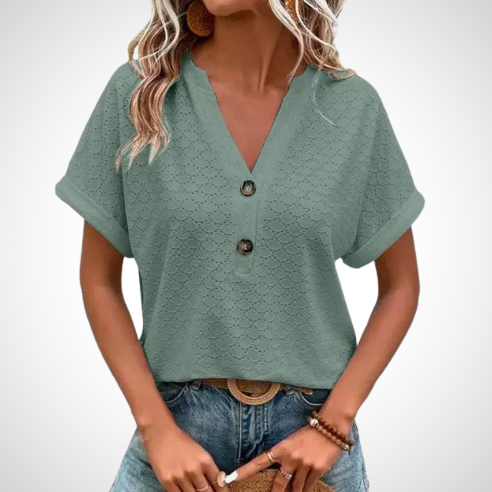 Blouse femme élégante manches courtes boutons noirs