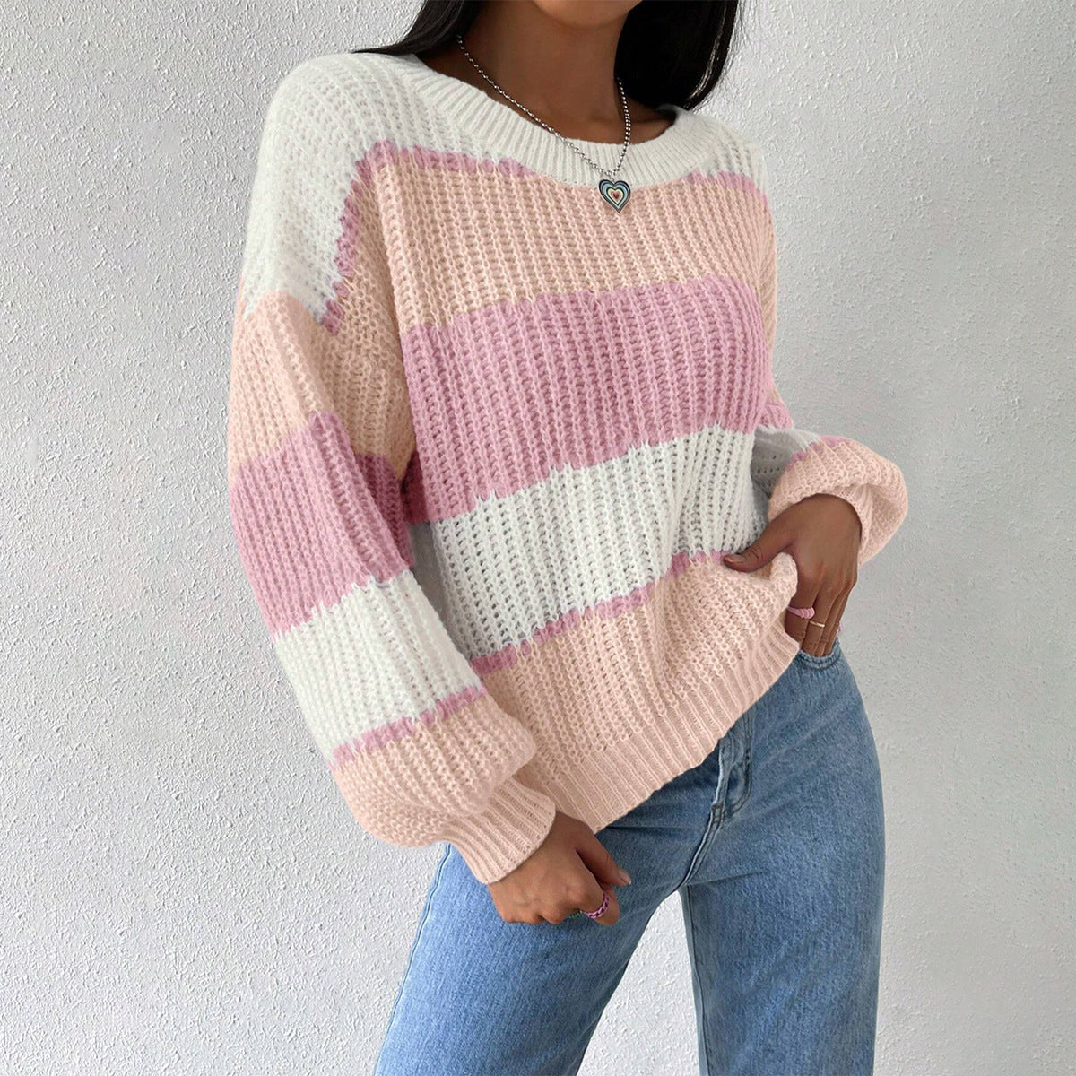 Pull Femme Rayé Fuchsia et Blanc Chaud