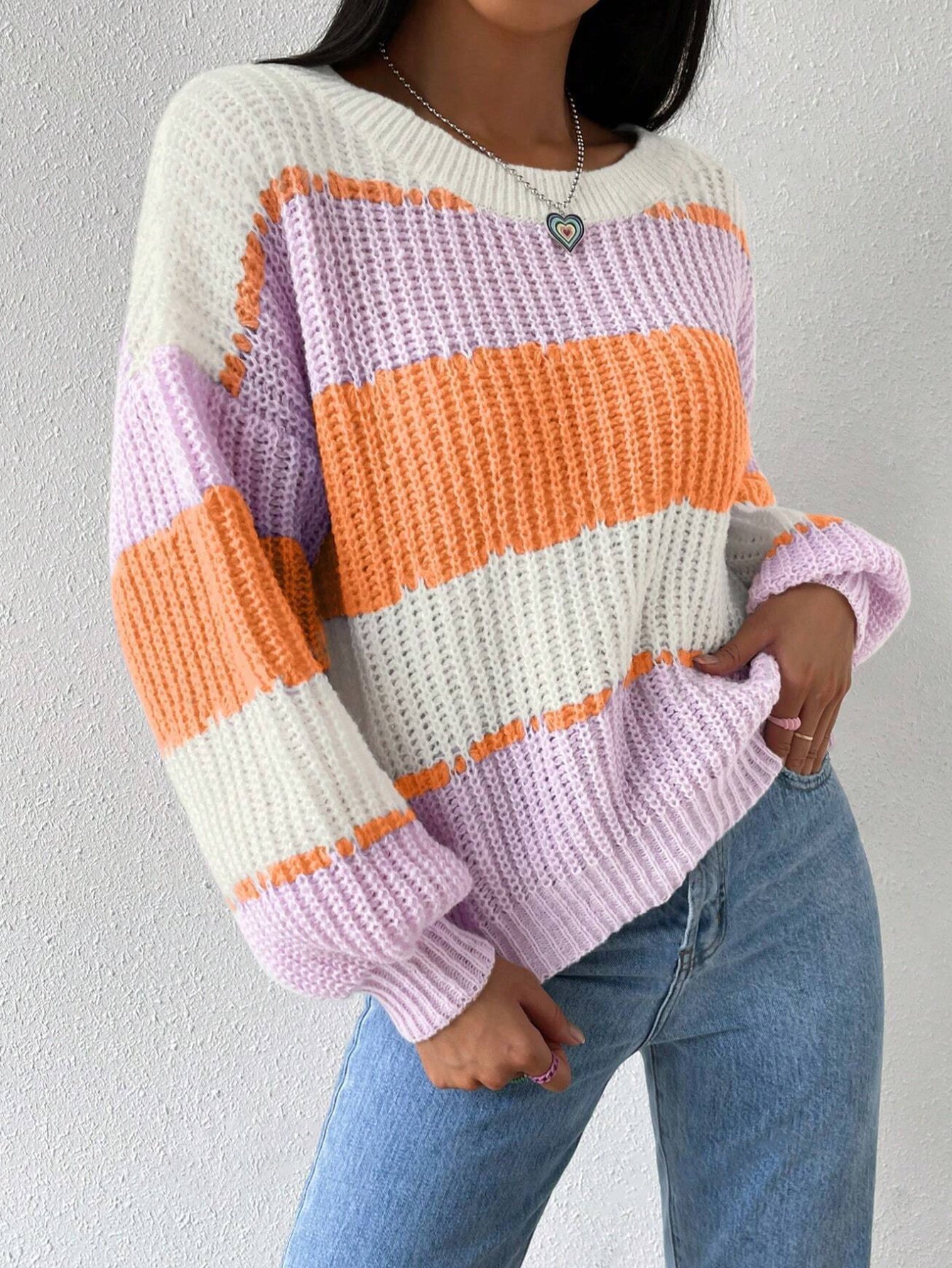 Pull Femme Rayé Fuchsia et Blanc Chaud