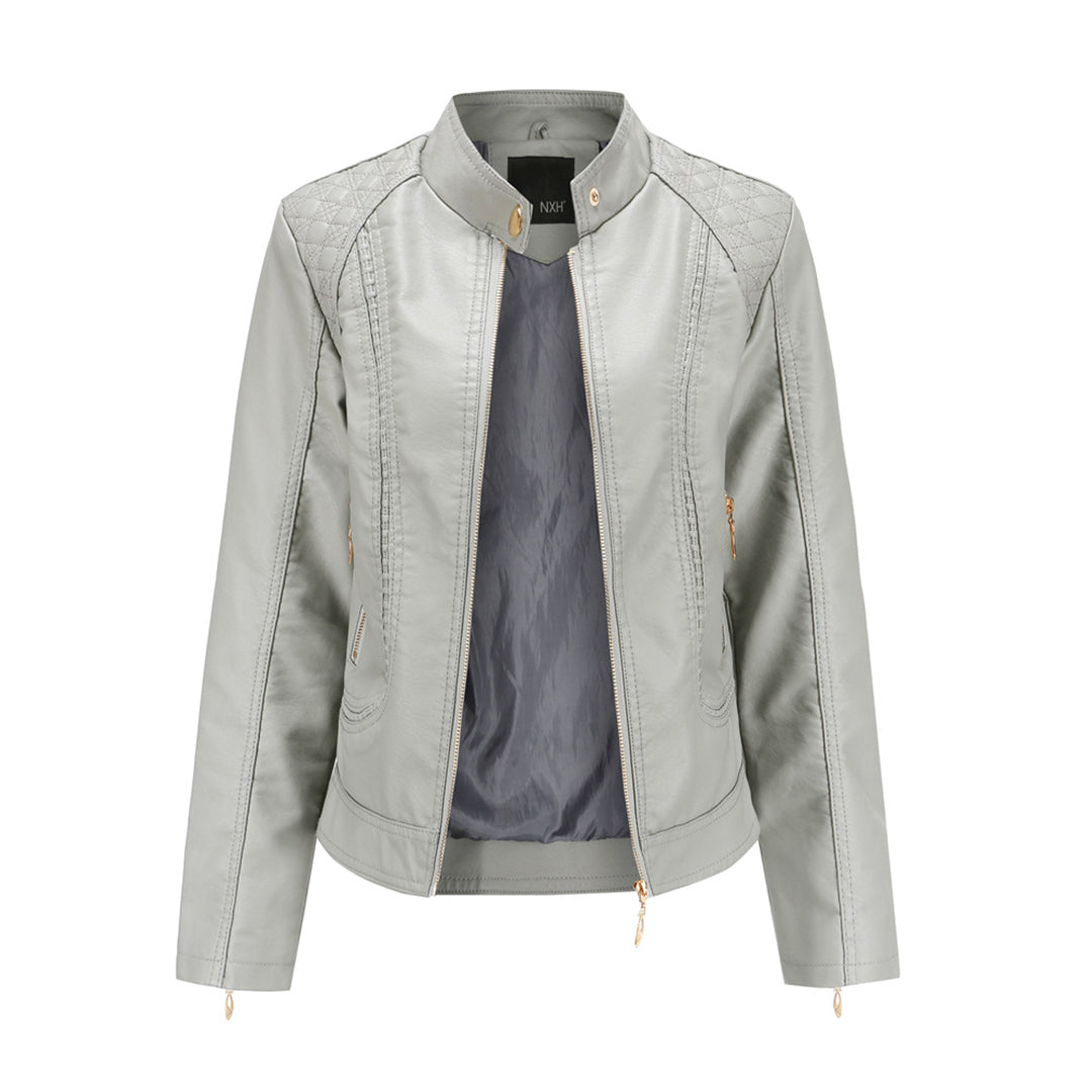 Veste Cuir Féminine – Col Montant Élégant, Fermeture Éclair & Design Tendance