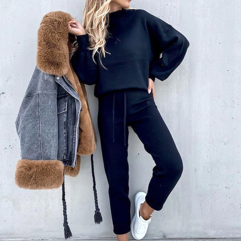 Ensemble Deux Pièces Femme Élégant avec Haut Manches Longues et Pantalon Taille Élastique