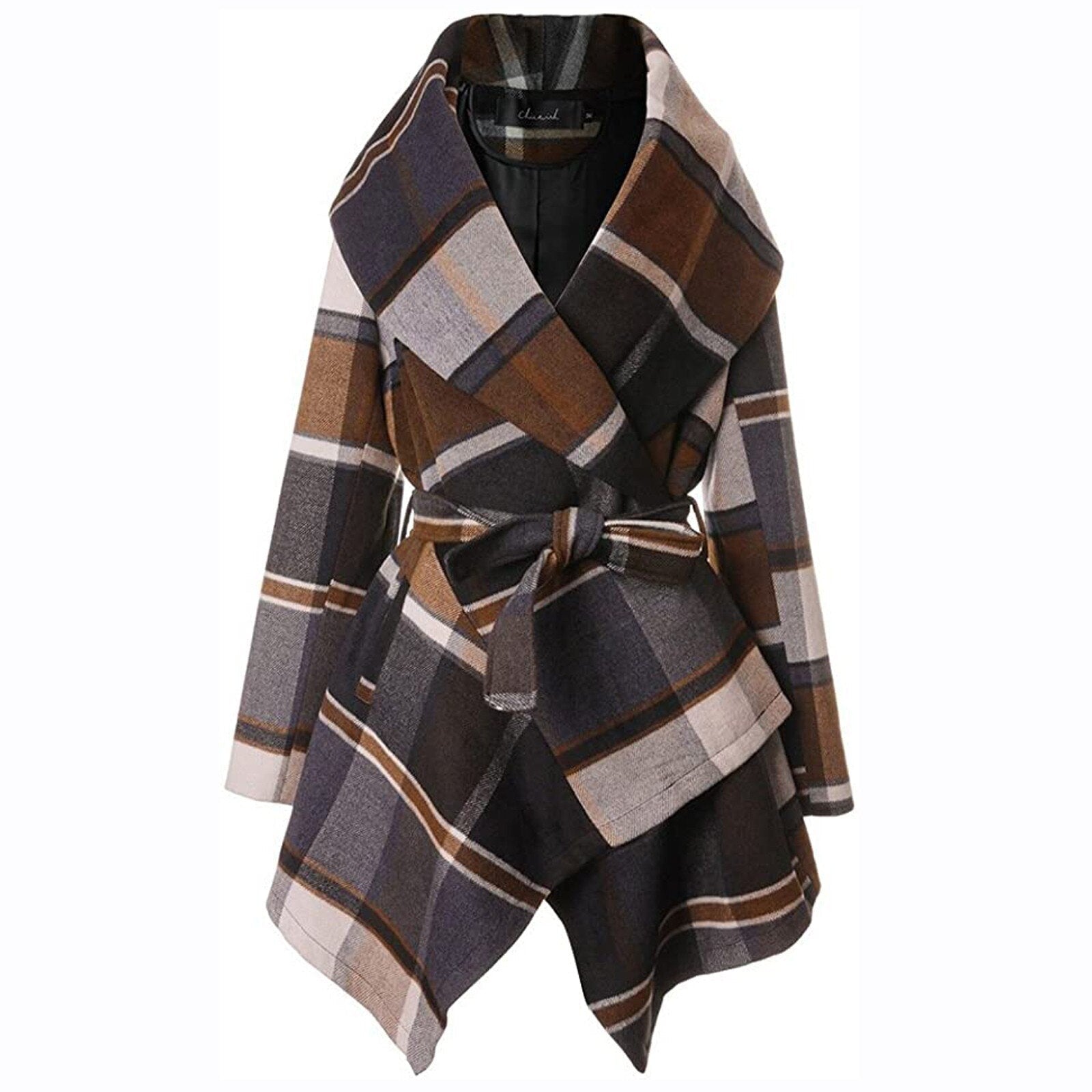 Manteau Élégant Carreaux Classique avec Col Châle et Taille Cintrée - LuxeStyle
