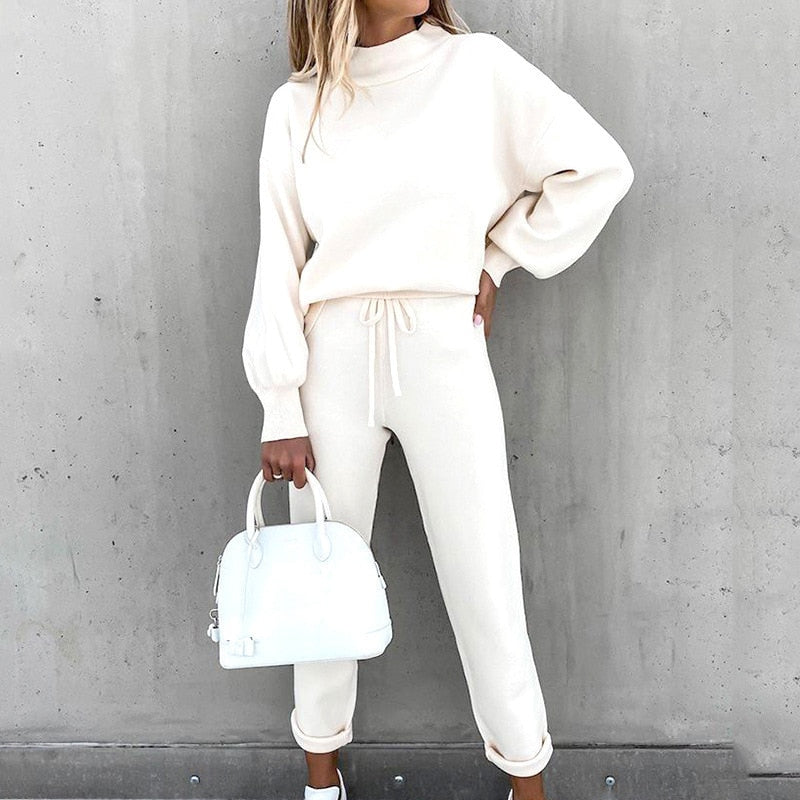 Ensemble Deux Pièces Femme Élégant avec Haut Manches Longues et Pantalon Taille Élastique