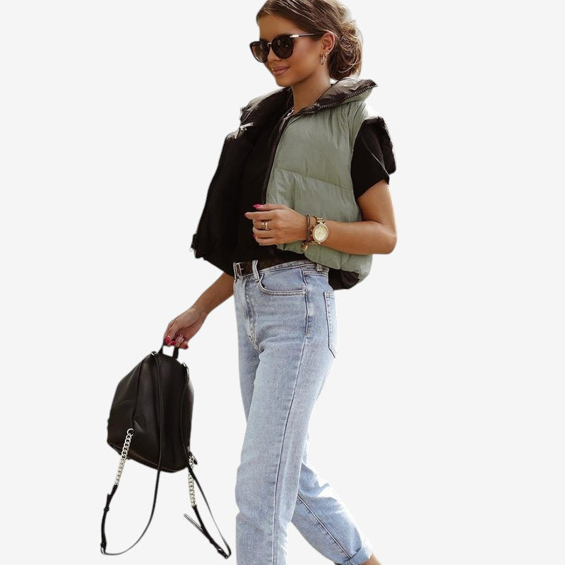 Veste Élégante Courte sans Manches à Col Haut