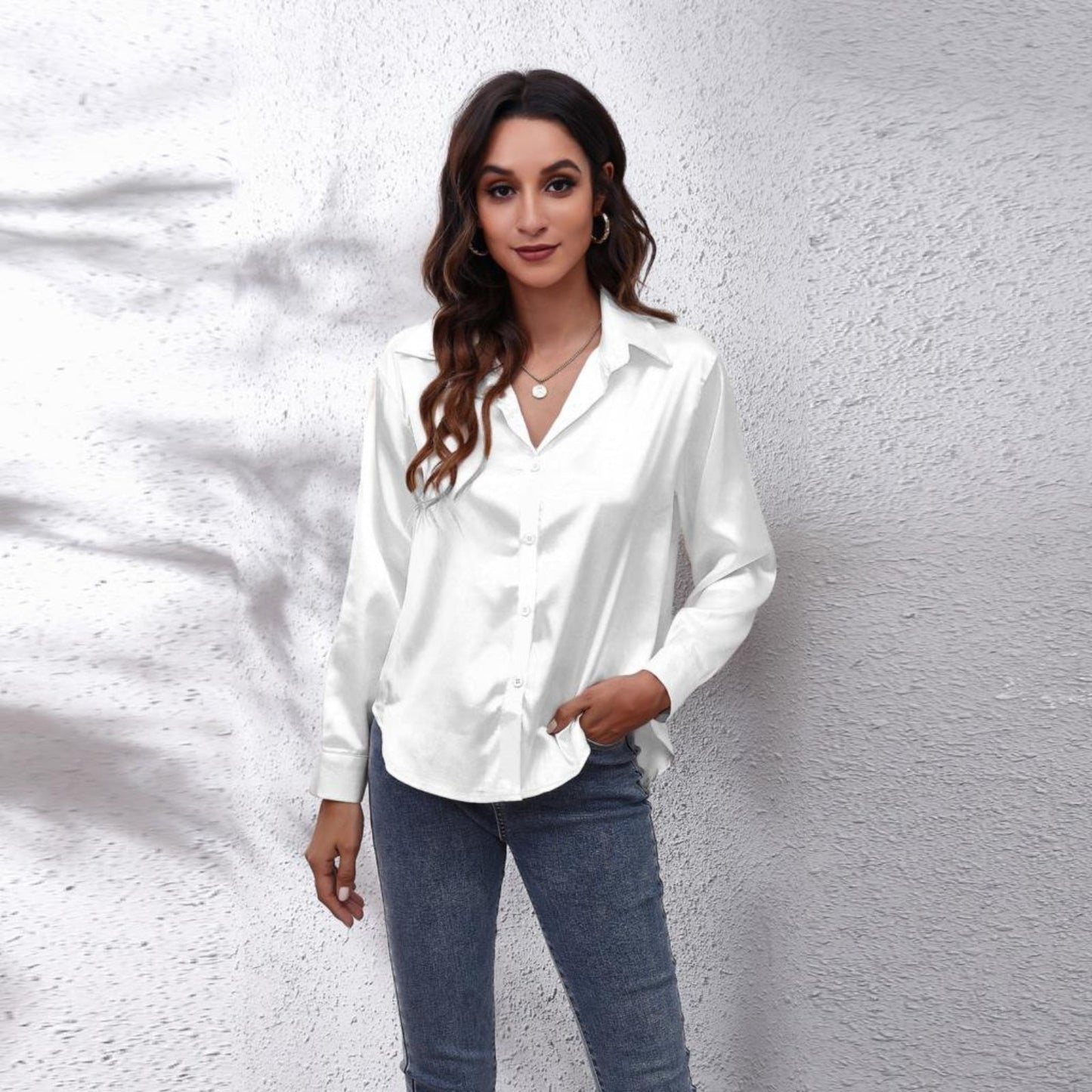 Chemisier Femme Manches Longues Col Boutonné Satin