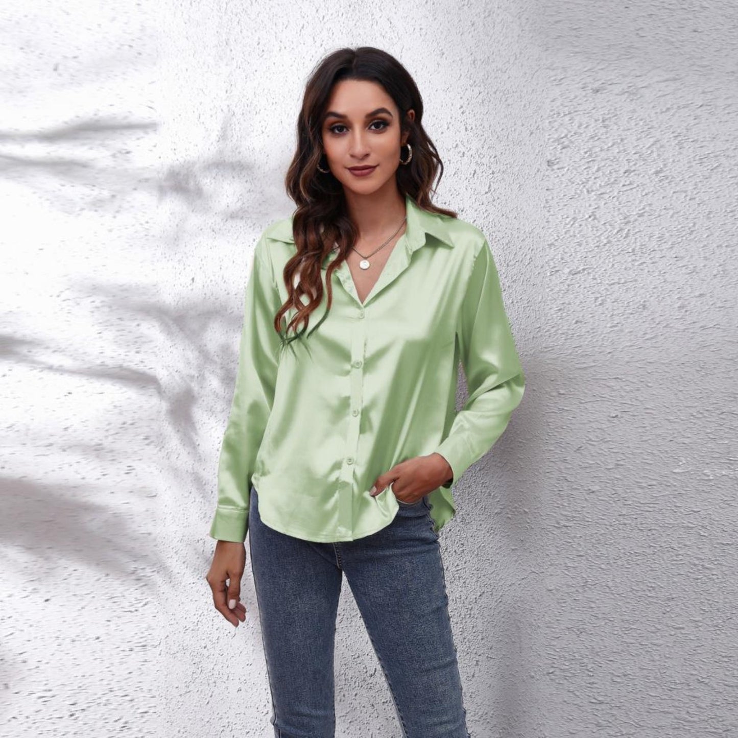 Chemisier Femme Manches Longues Col Boutonné Satin