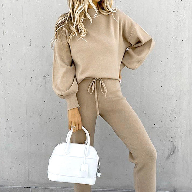 Ensemble Deux Pièces Femme Élégant avec Haut Manches Longues et Pantalon Taille Élastique