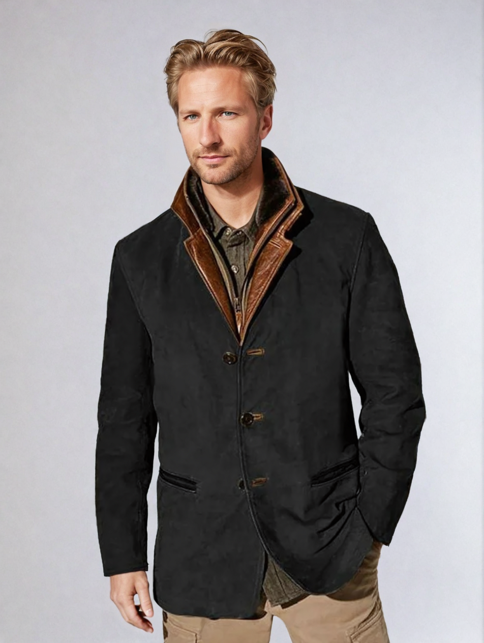 Veste Cuir Brun Homme Col Contraste