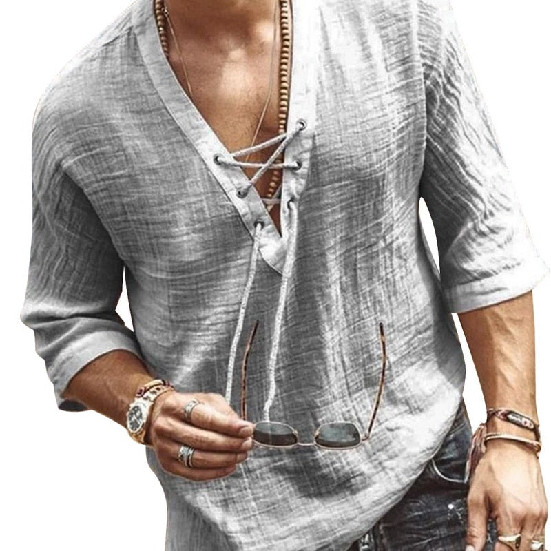 Chemise Relaxe Col V Manches Courtes Décoration Nouée